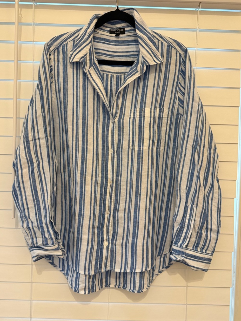 Velvet Heart Blue and White Vertical Stripe Linen Button-Down Shirt